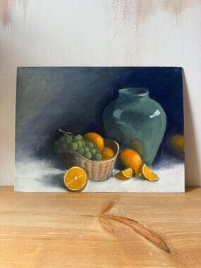 Vintage Still Life Oil Painting | Citrus & Ginger Jar | Grandmillennial Decor